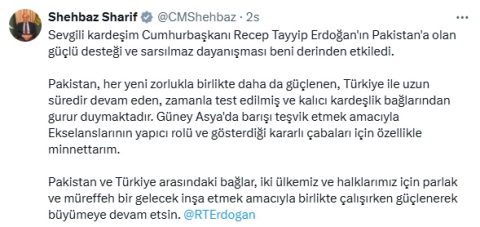 Pakistan Başbakanı Şerif: Türkiye ile devam eden kardeşlik bağlarından gurur duymaktayız