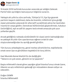 İstanbul- Gelecek Partisi İstanbul Milletvekili Doğan Demir istifa etti