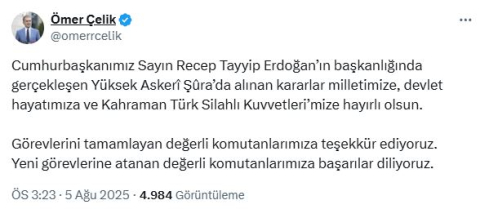 AK Parti'li Çelik: YAŞ kararları milletimize hayırlı olsun