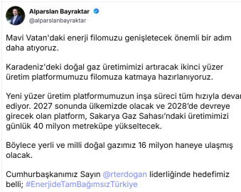 Bakan Bayraktar: Sakarya Gaz Sahası'nda günlük üretim 40 milyon metreküpe çıkacak