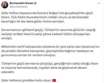 İletişim Başkanı Duran: Donanmamızın görkemli geçişi Türkiye'nin Mavi Vatan’a sahip çıkma iradesini dünyaya ilan etmiştir